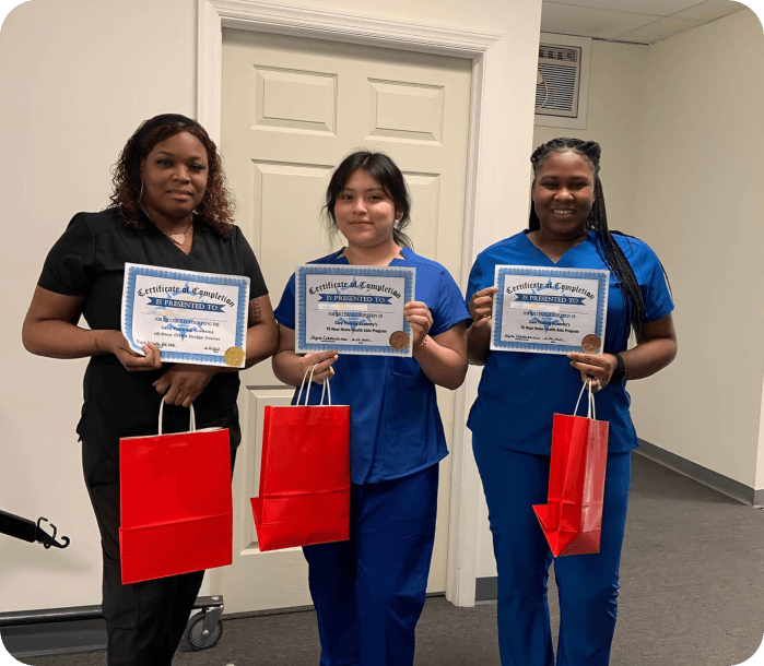 Three female medical staffs holding certificates and a bag