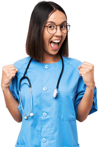 A female nurse wearing eyeglasses and a stethoscope and is happy