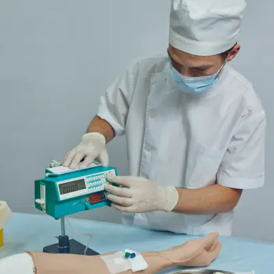 A male nurse using medical instrument to get blood from a patient