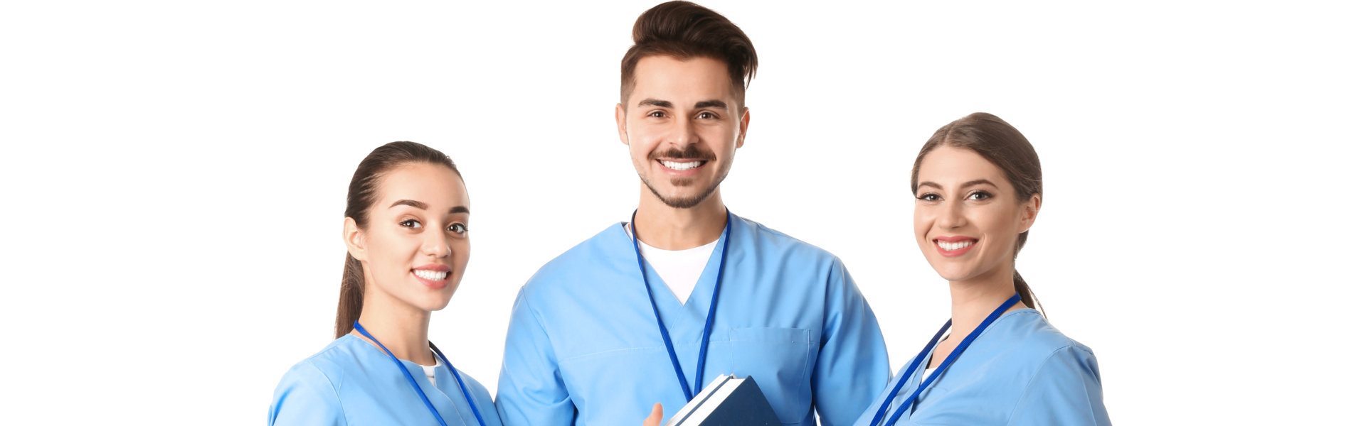 A male medical staff holding a book with other two female medical staffs