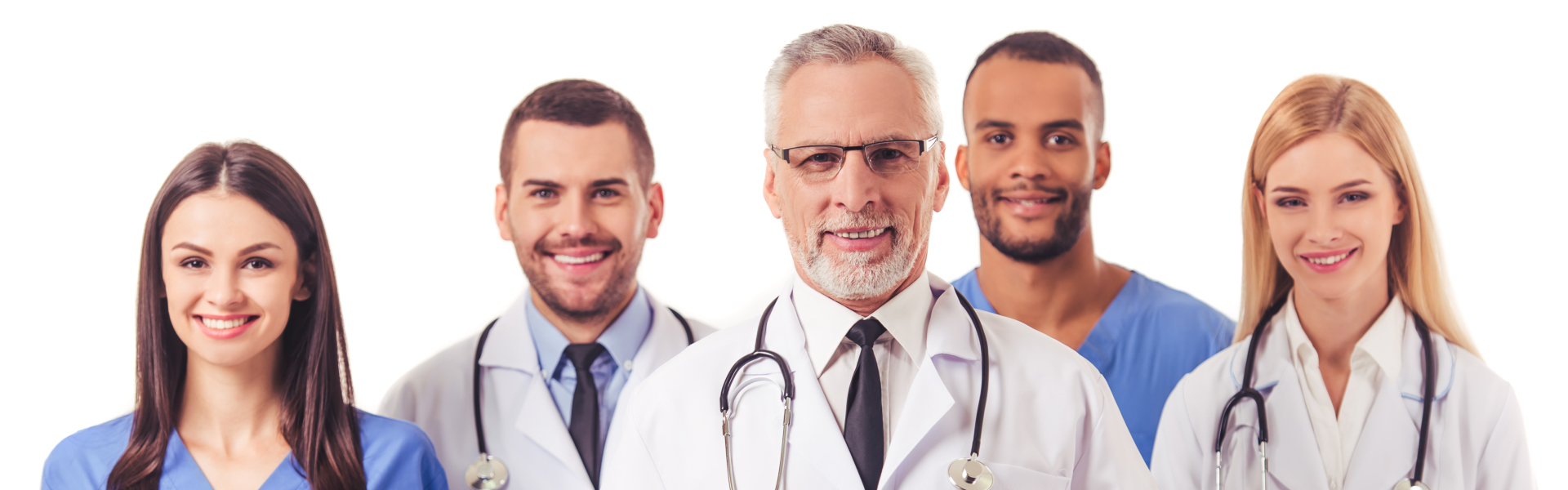 Three male and two female medical staffs smiling together